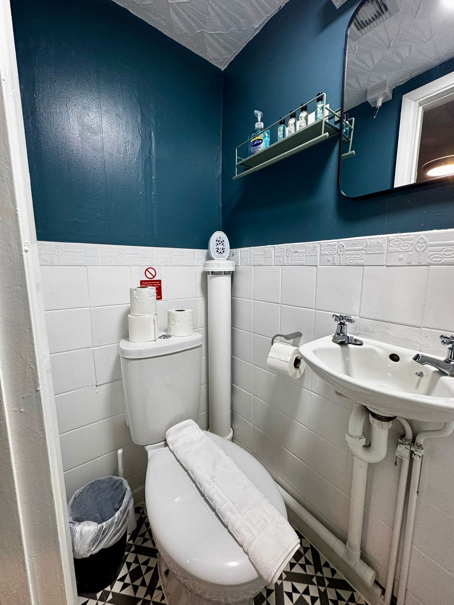 A bathroom with a toilet, sink, and a shelf with toiletries.