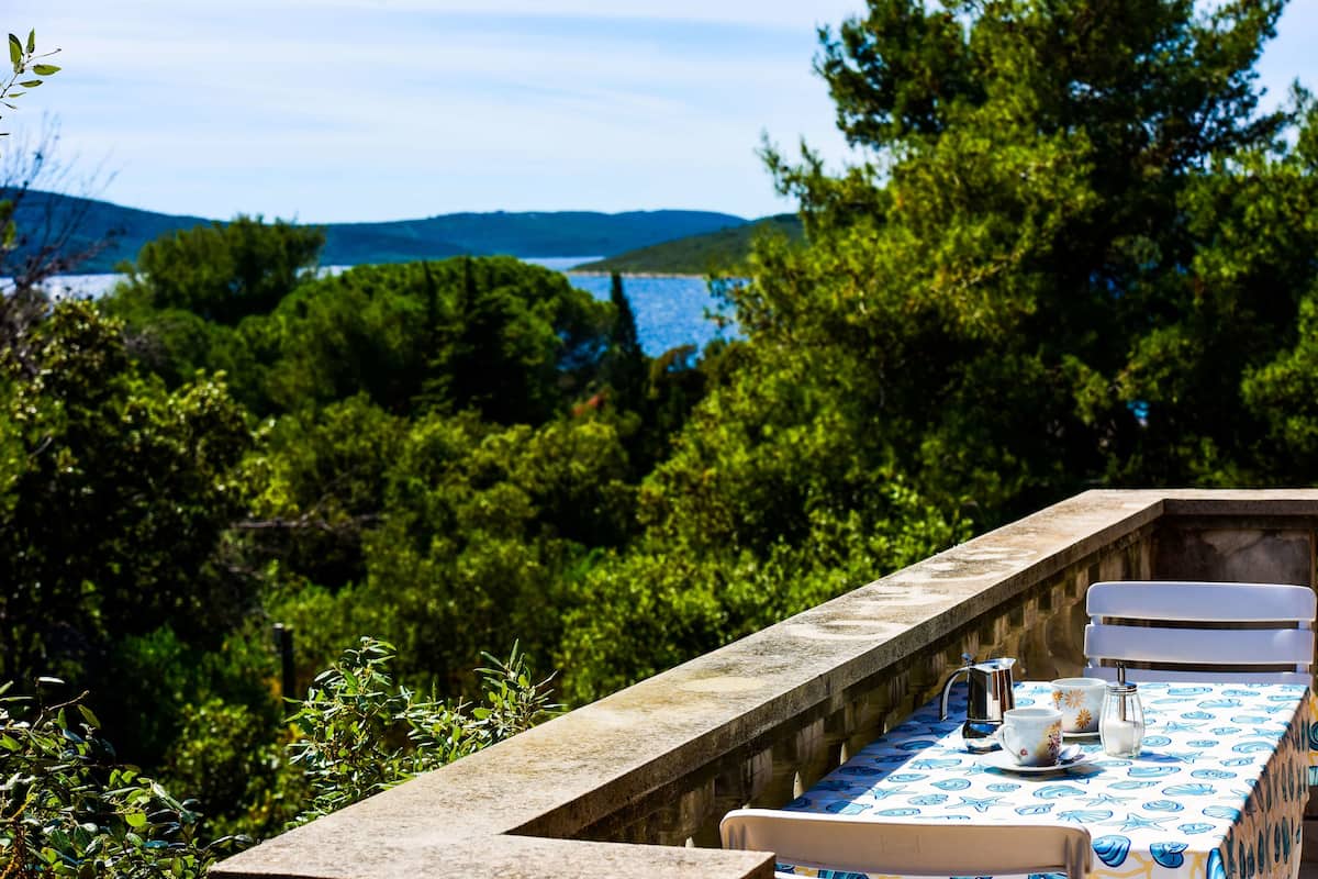 Une terrasse avec une table dressée pour deux personnes, offrant une vue panoramique sur un paysage verdoyant, avec des arbres et une étendue d’eau.