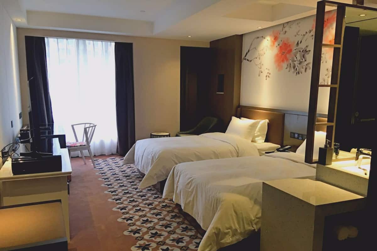 Habitación de hotel con dos camas, un escritorio con computadora, una silla, un espejo grande y un tapete decorativo.