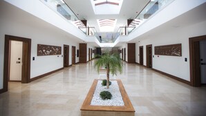 A spacious, modern hotel corridor with a central palm tree, glass railings, and a high ceiling with skylights. - Carissa Hotel (Mugla)