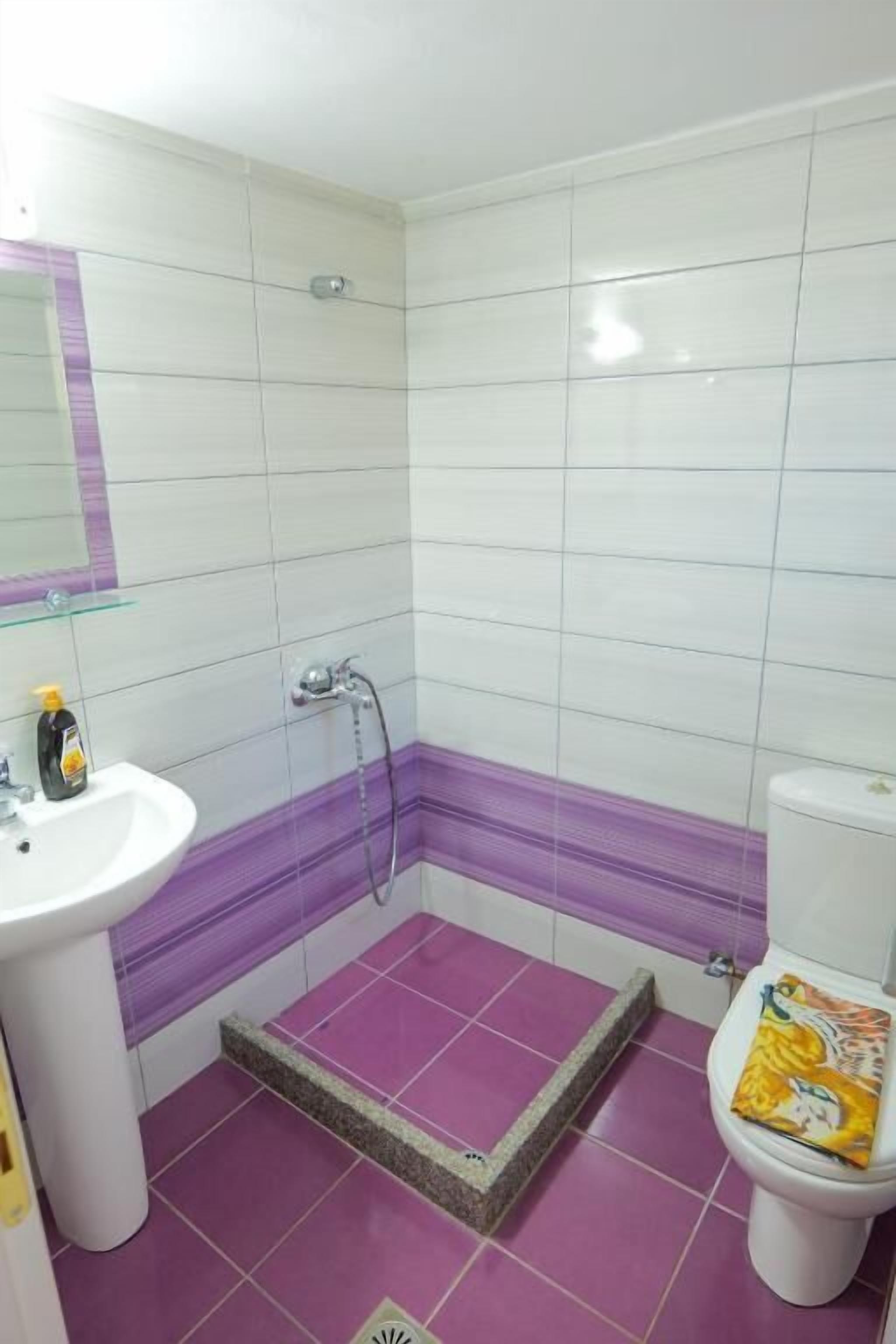 Bagno con piastrelle bianche e viola, un lavandino bianco, un water e una zona doccia.