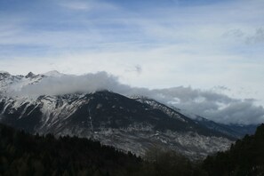 Paisaje montañoso con picos nevados y un valle boscoso.