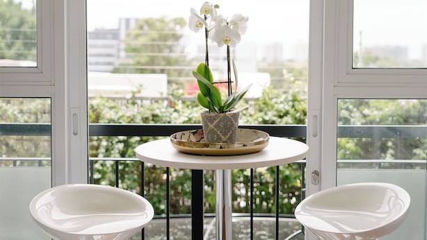 A balcony with a potted orchid, a white bowl, and a white chair. - Vesper Apartments (Cape Town)