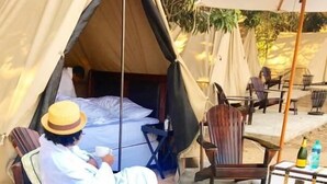 A tent with a bed inside, surrounded by chairs and a table with bottles. - Senate Boutique Camp - Campsite (Hoedspruit)