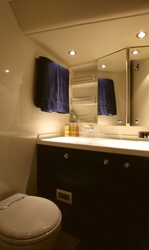Mobile Home Premium, 3 chambres, cuisine, vue port | Salle de bain | Douche, articles de toilette gratuits, sèche-cheveux