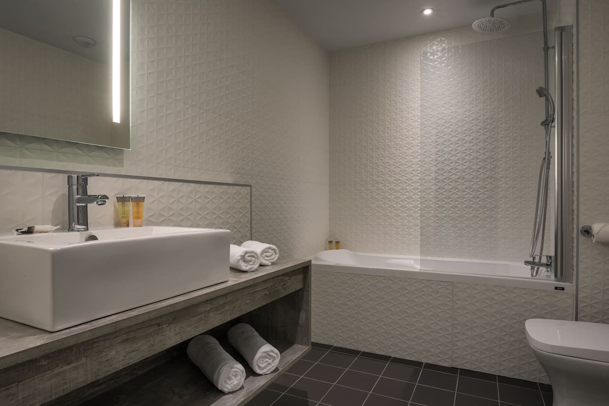 free toiletries, hair dryer, towels