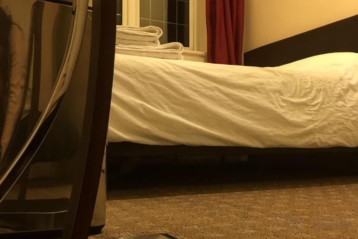 A hotel room with a bed, a window with red curtains, and a carpeted floor.
