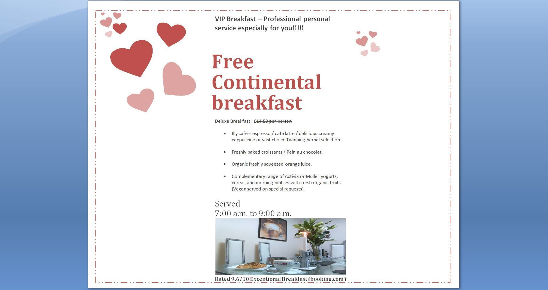 A promotional poster for a breakfast service with heart-shaped decorations and text detailing the offerings and timings.