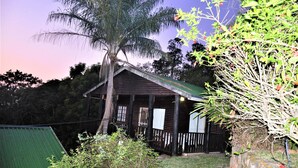 A wooden cabin with a porch, surrounded by dense vegetation and a large tree. - Viewpoint Lodge (Mbombela)