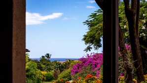 A lush garden with vibrant flowers and a view of the ocean.
