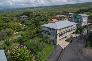 A multi-story building with a flat roof, surrounded by lush greenery and a clear sky.