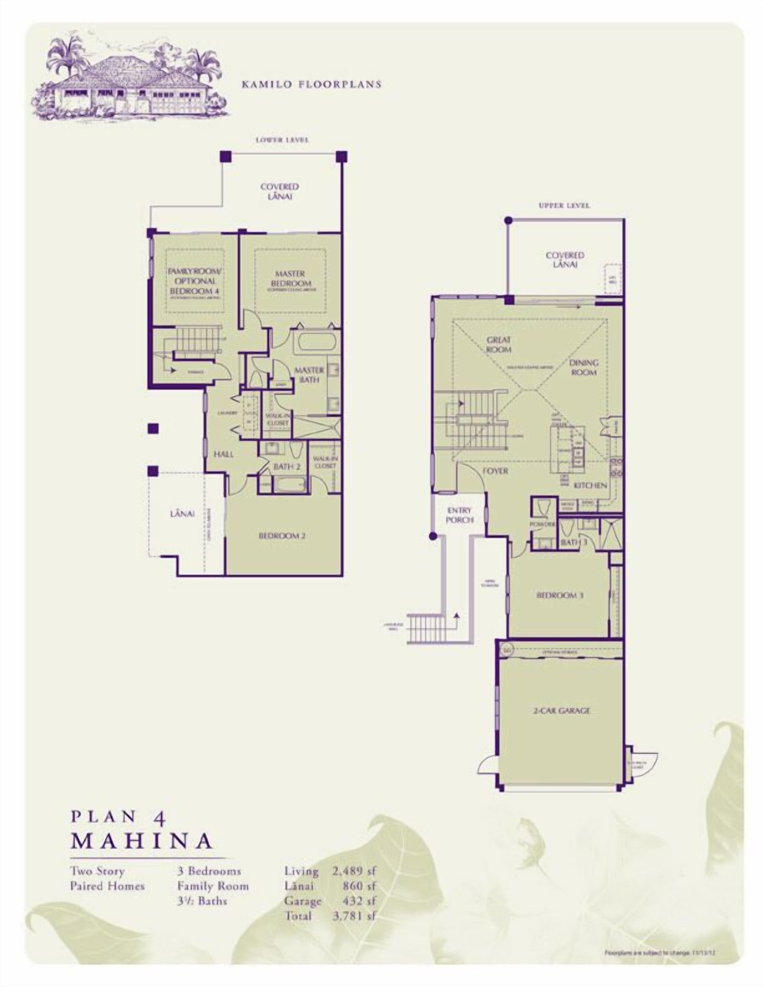 A floor plan of a two-story paired home with 3 bedrooms, 3½ baths, and a 2-car garage.