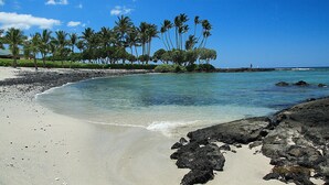 Una playa con agua turquesa cristalina, una orilla arenosa y una hilera de palmeras.