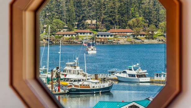 A harbor with boats docked, a bridge, and houses in the background. - San Juan Island, Yakima Suite #1901 (Friday Harbor)