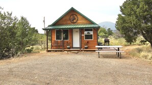 A small log cabin with a green roof, a front door, and a picnic table in front.