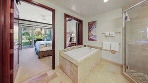 Shower, hair dryer, towels, shampoo - F104 - Two Bedroom Ground Floor Suite Steps to the Pool with AC & Reliable Wifi! (Kapaa)