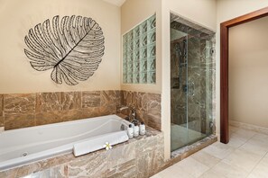 Combined shower/tub, hair dryer, towels