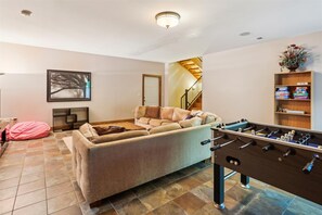 Fireplace, DVD player, foosball