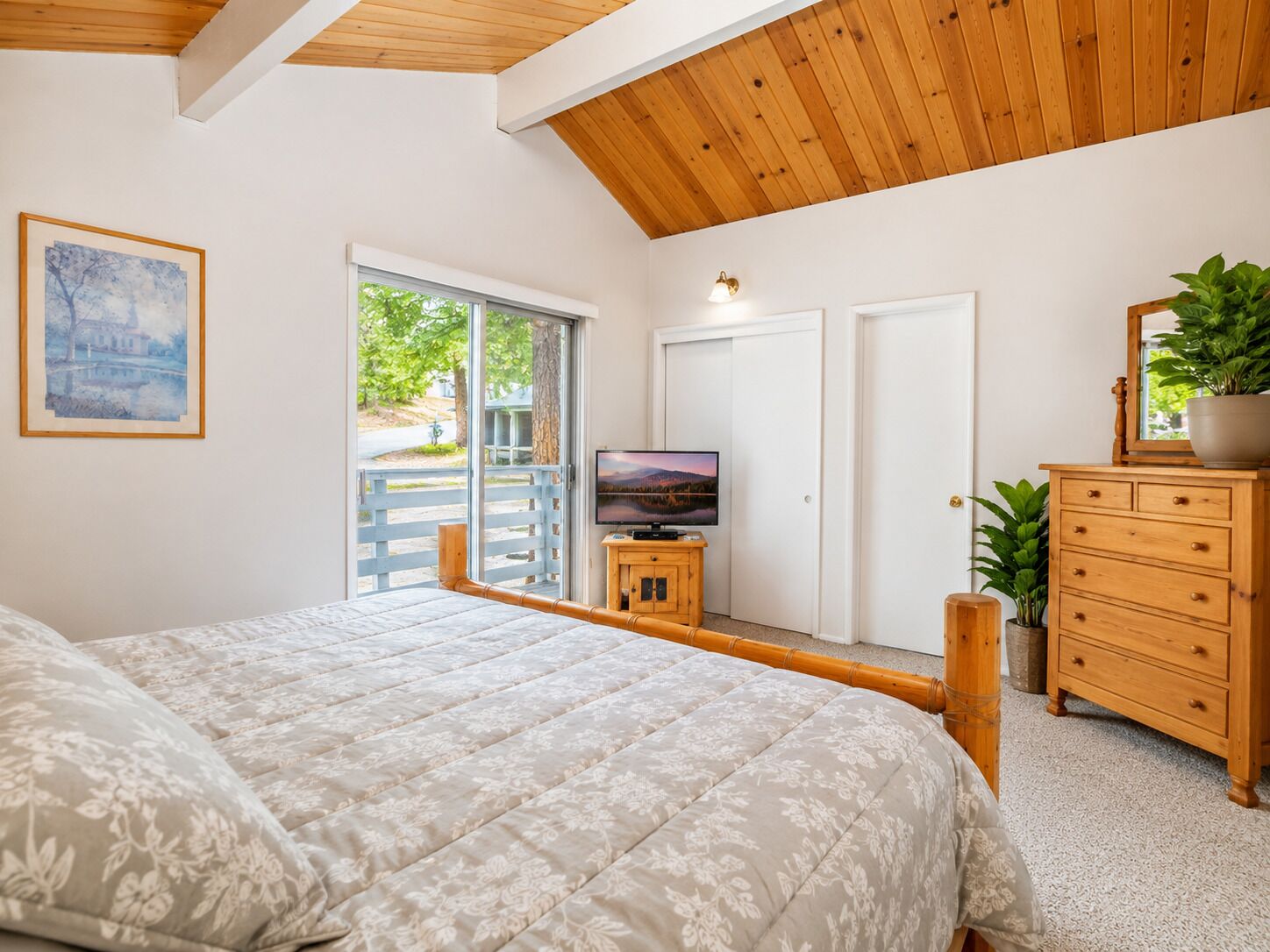 A bedroom with a bed, a TV, a wooden dresser, and a door leading to an outdoor area.