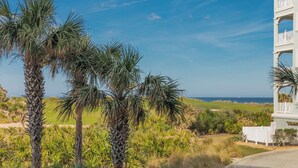 A view of a coastal landscape with palm trees and a building with balconies. - Cinnamon Beach Unit 323- Just a few steps to the Sun and Sand! (Palm Coast)