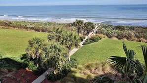 A coastal landscape with a grassy area, palm trees, and a view of the ocean. - Cinnamon Beach 741 - Direct Oceanfront Corner Unit! New Living Room! (Palm Coast)