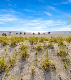 A beach with sand dunes and beach chairs.
