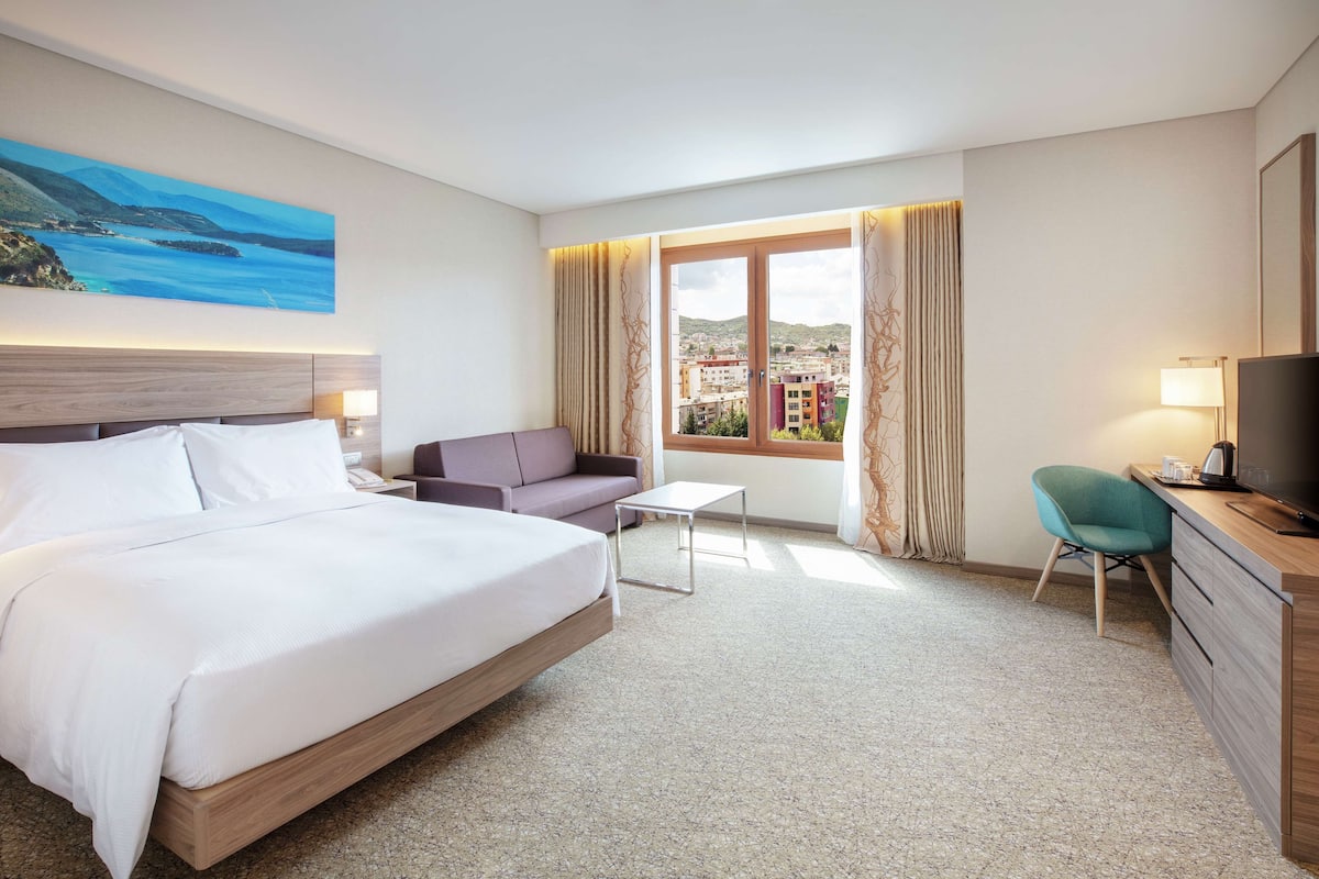 A hotel room with a bed, a sofa, a desk, a chair, a TV, and a window with a view of buildings.