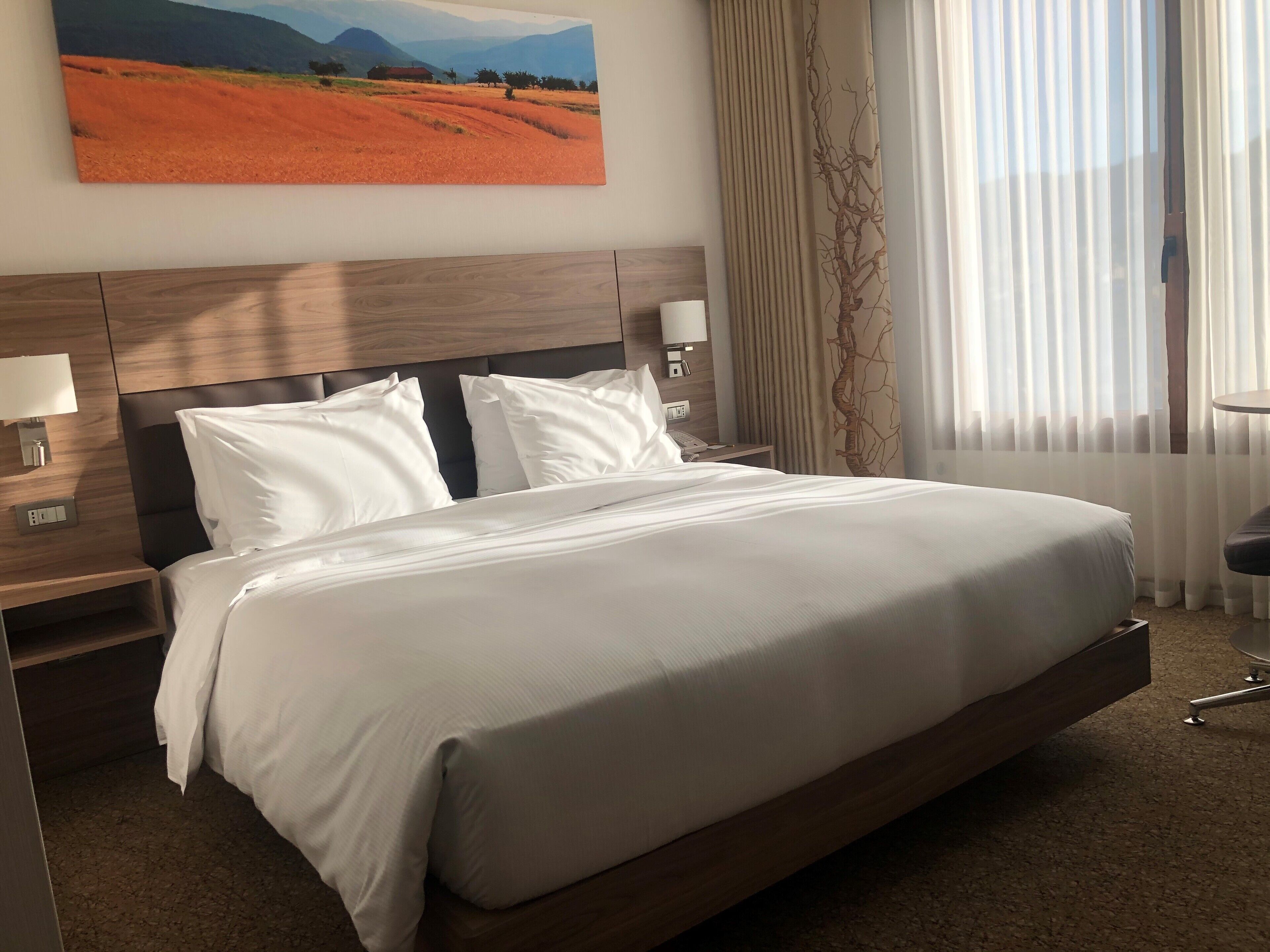 Ein Hotelzimmer mit einem großen Bett, einem Holzkopfteil, weißer Bettwäsche, einem Nachttisch mit Lampe und einem Landschaftsbild an der Wand.