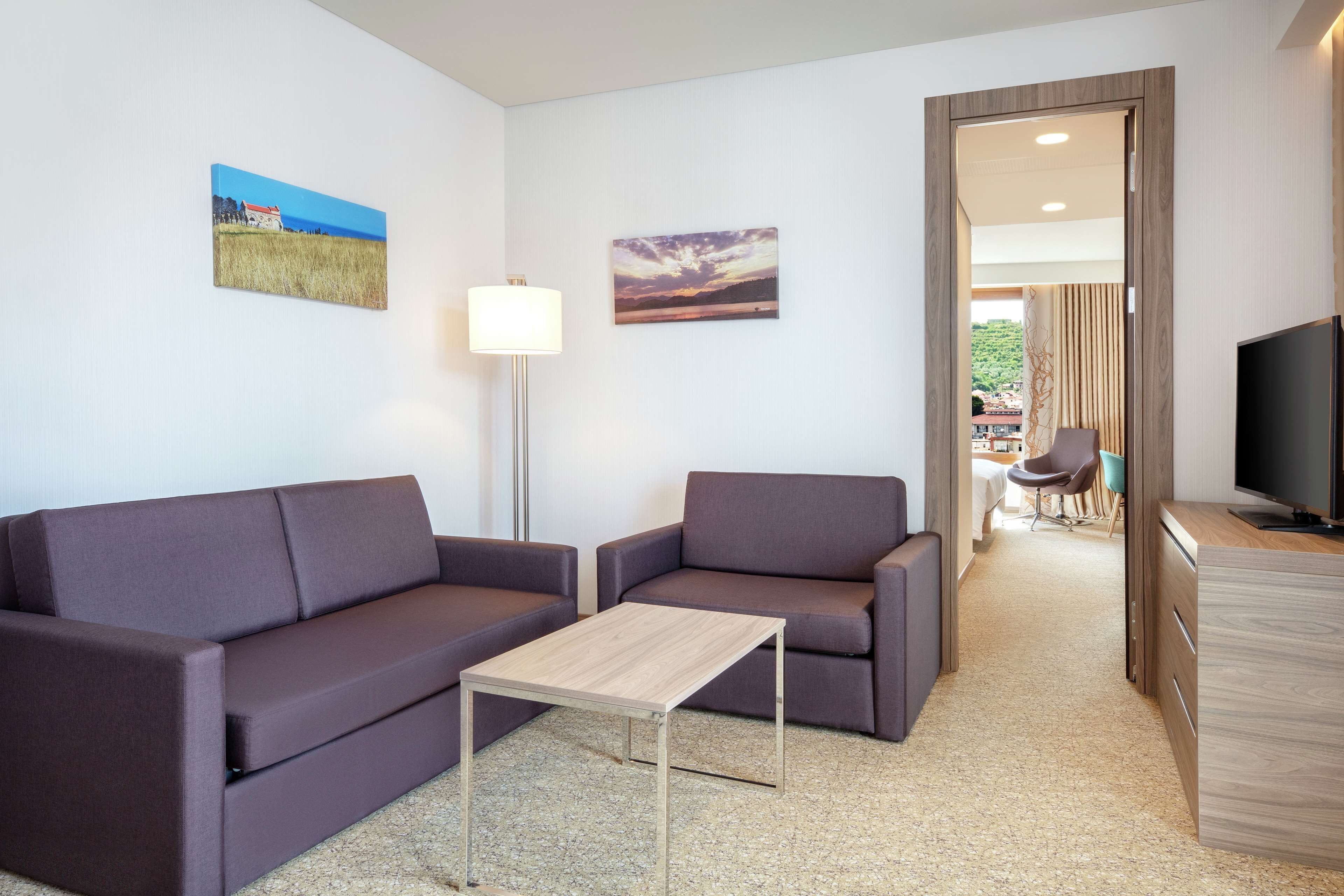 A modern living room with a sofa set, a coffee table, and a TV. There are two paintings on the wall and a lamp.