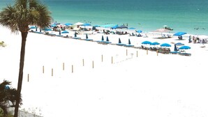A beach with white sand, clear blue water, and a few palm trees.