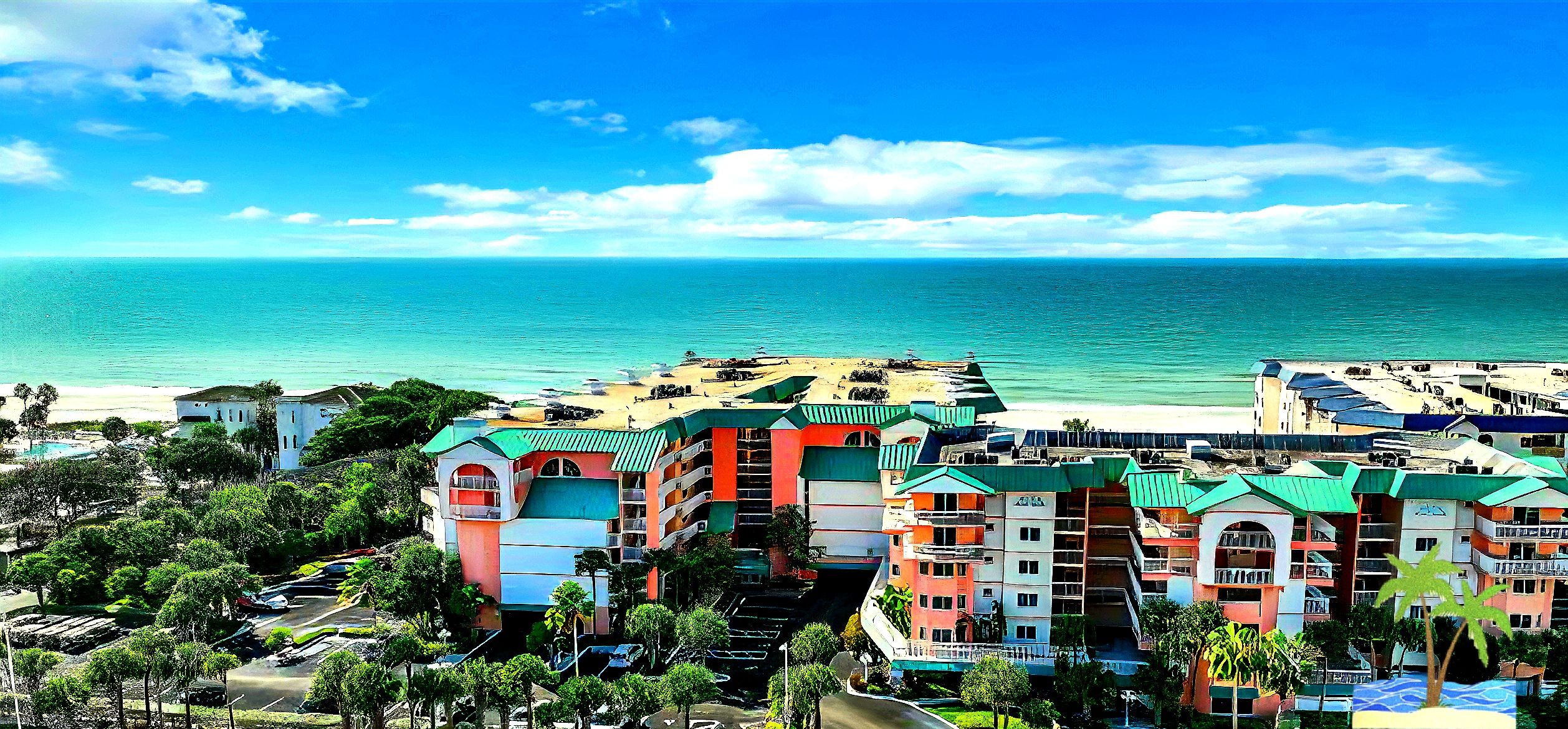 A beachfront hotel with colorful buildings, a parking area, and a view of the ocean.