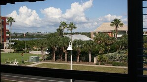A view from a window overlooking a residential area with palm trees, a body of water, and a building with a tiled roof.