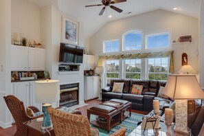 TV, fireplace, DVD player, stereo