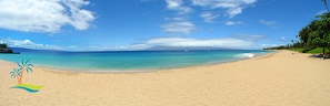 Ein Strand mit klarem türkisblauem Wasser, einem sandigen Ufer und einer entfernten Bergkette.
