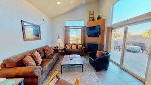 TV, fireplace - Arches Abode - A3, 3 Bedroom Condo, Private Hot Tub (Moab)