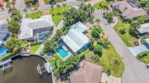 Your island escape from above, complete with a private pool and waterfront setting. - La Contento Casa | Private Heated Pool, Pet Friendly, Walk to Siesta Key Village and Beach (Siesta Key)