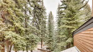 A view of a snow-covered pathway flanked by tall evergreen trees, leading to a wooden building with a sloped roof.