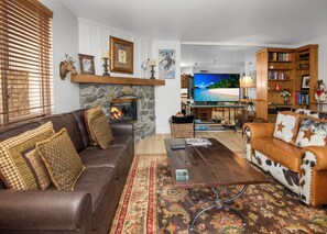 LCD TV, fireplace, DVD player