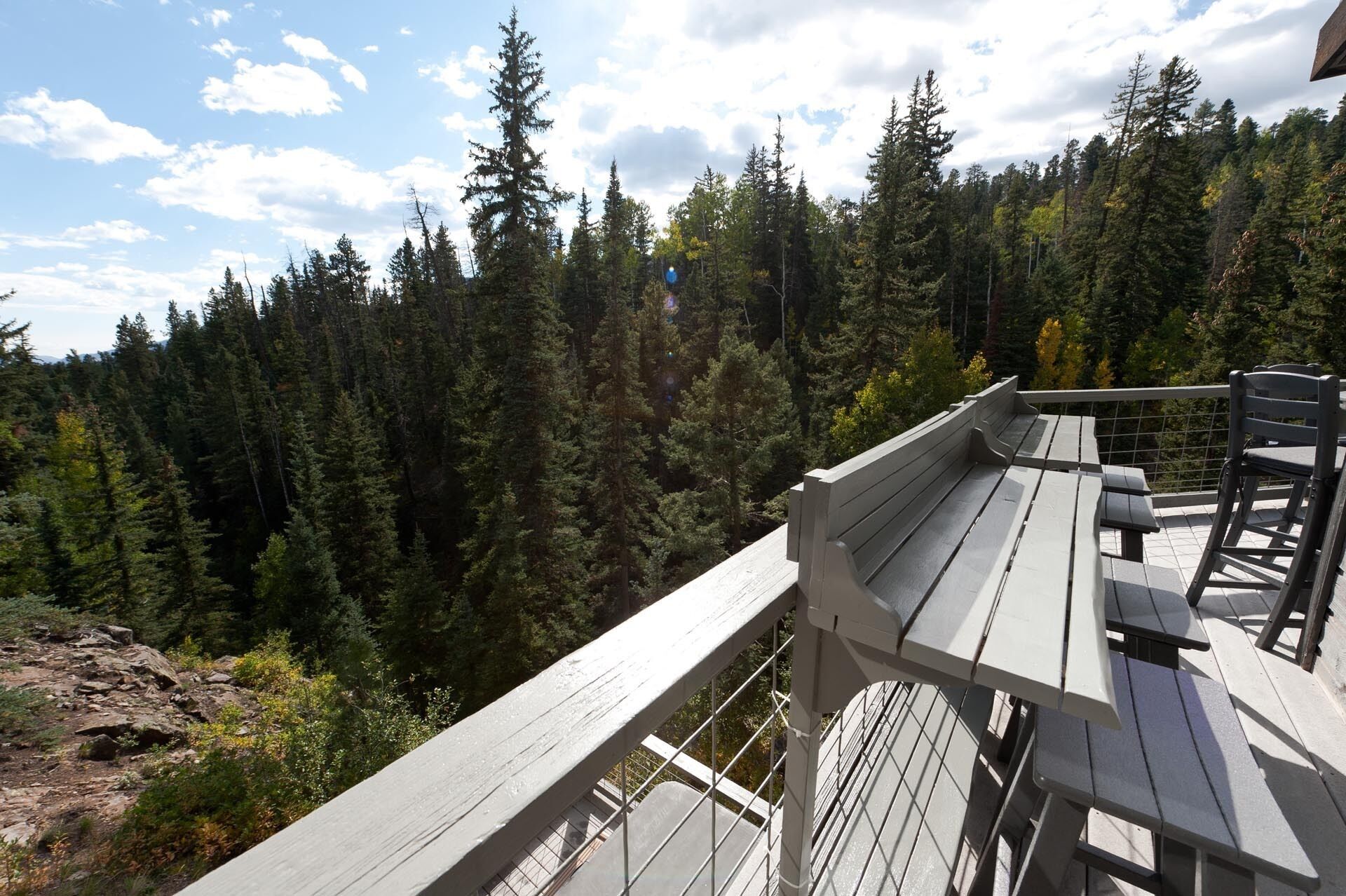 A wooden deck with benches overlooking a dense forest.