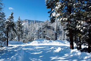Une cabane en rondins entourée d’arbres couverts de neige, sous un ciel bleu et dégagé.