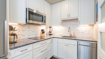 Fridge, microwave, dishwasher, coffee/tea maker