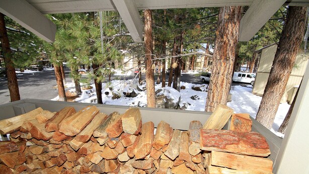 Ein überdachter Außenbereich mit Holzstapel, Bäumen und verschneitem Boden.