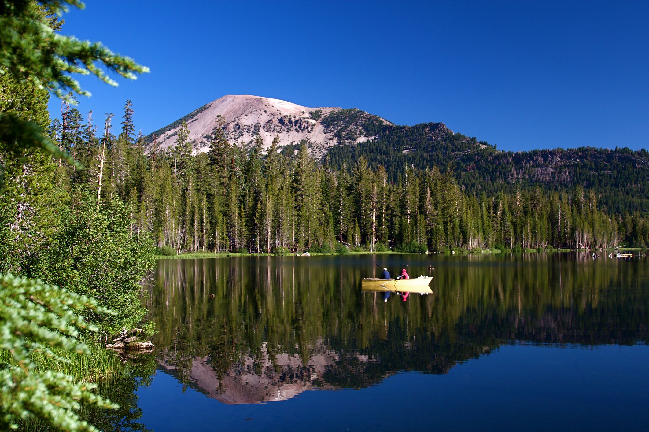 Un lac paisible, avec une montagne en arrière-plan, entouré d’une forêt dense.