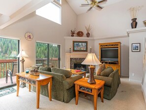 TV, fireplace - Incredible Lake Tahoe Views, 2 Master Suites, 2.5 Bathrooms, and a Loft, High Speed Internet (Incline Village)