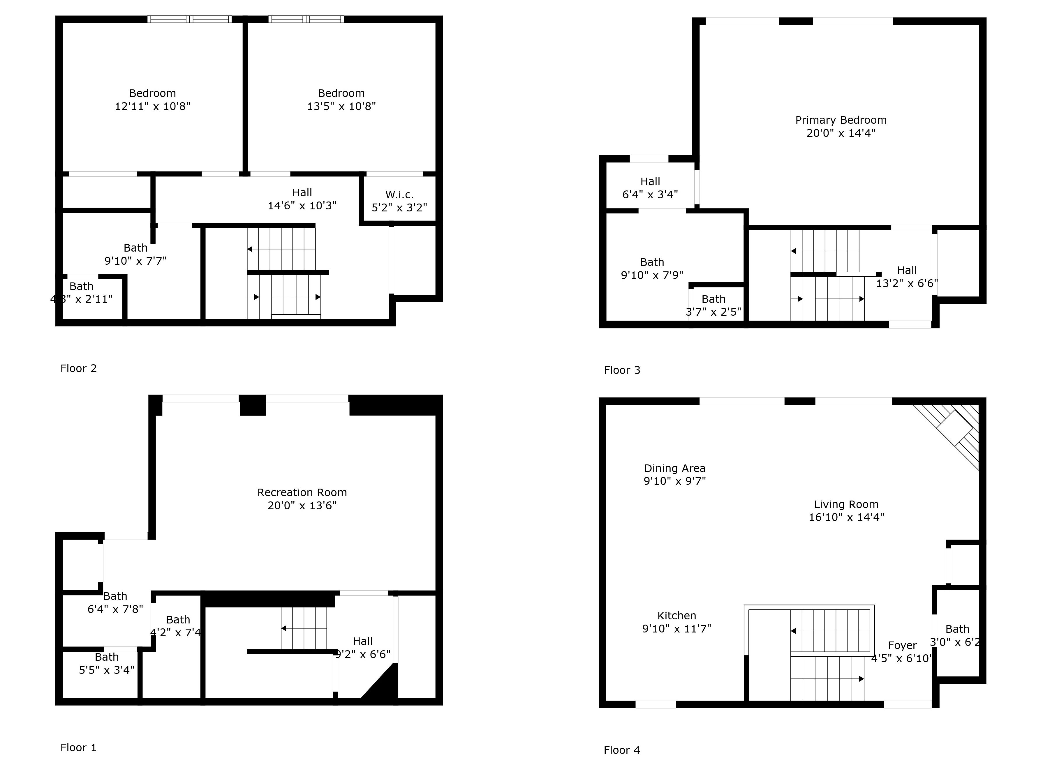 Cuatro planos de planta de un hotel que muestran diferentes tamaños y distribuciones de habitaciones, incluyendo dormitorios, comedor y sala de recreación.