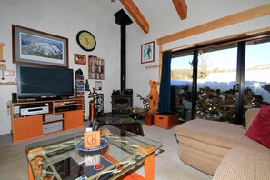 A living room with a television, bookshelves, a fireplace, and a large window.