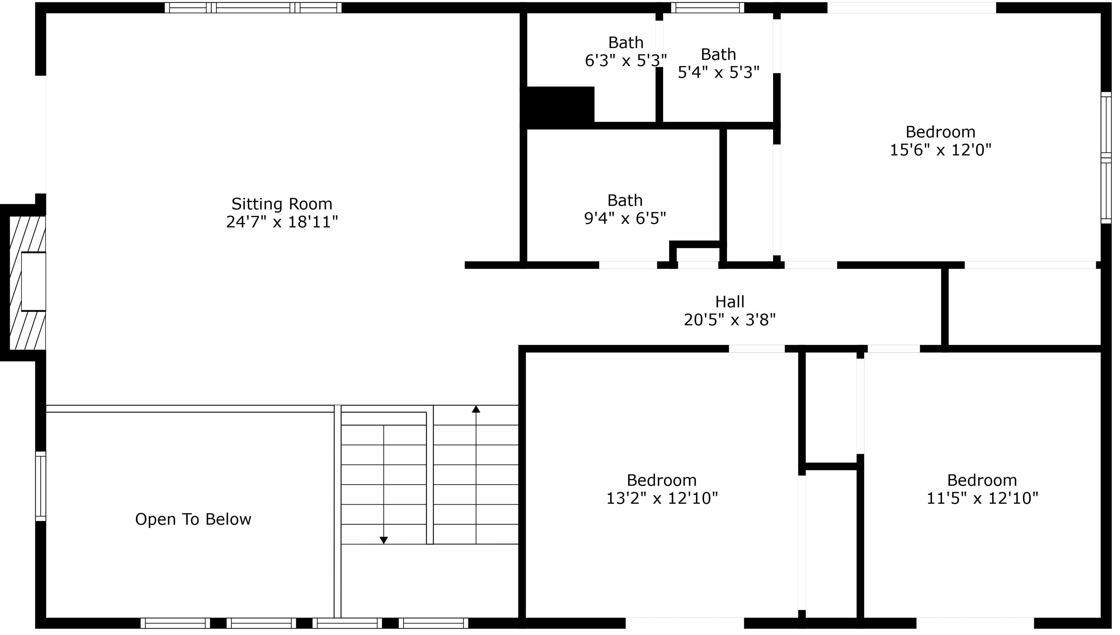 Ein Grundriss mit Wohnzimmer, drei Schlafzimmern, zwei Bädern und einer Diele.