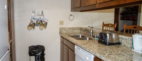 Fridge, microwave, dishwasher, coffee/tea maker