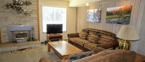 TV, fireplace, video games, DVD player