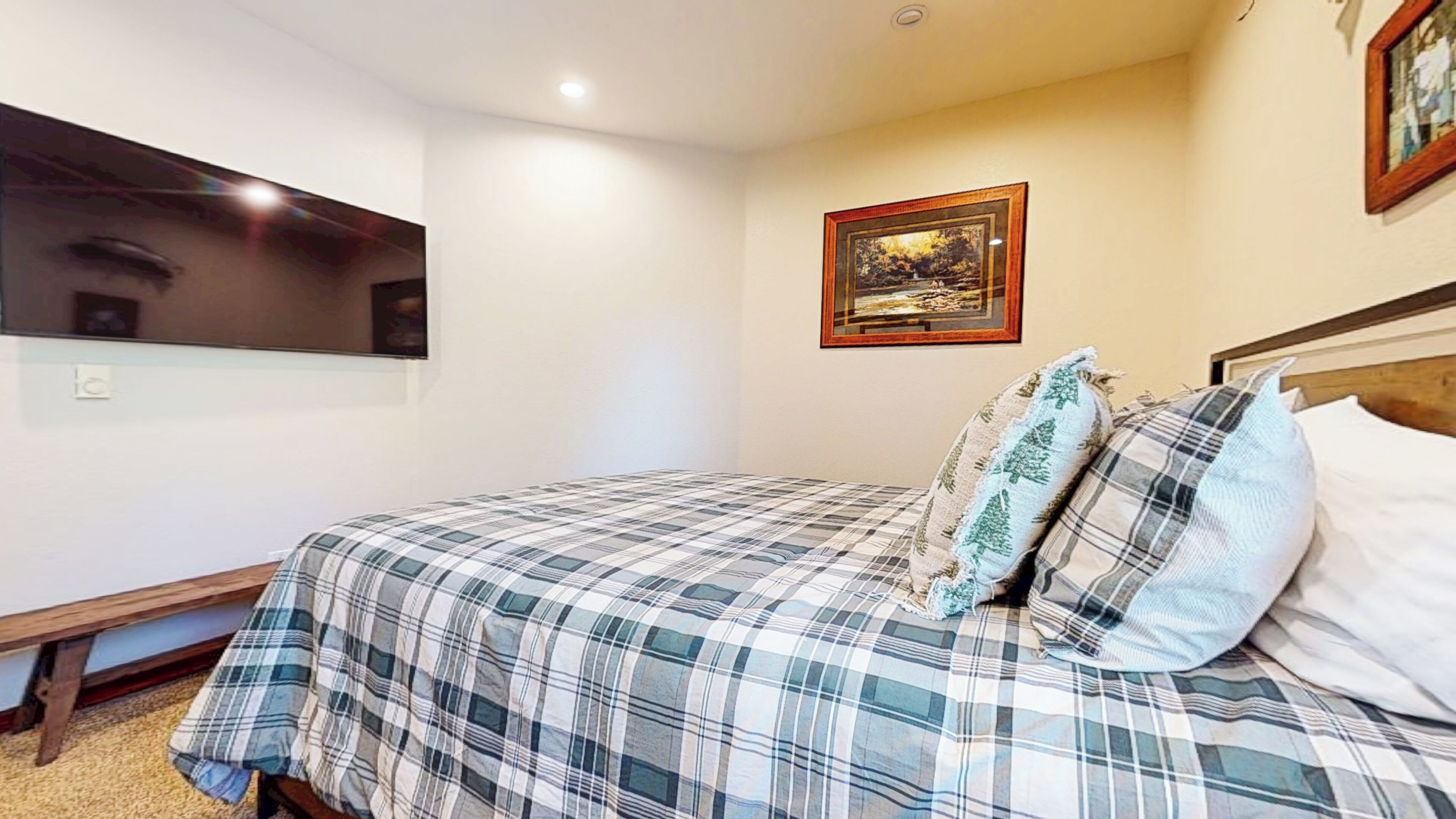 A bedroom with a bed, a television mounted on the wall, and a framed picture above the bed.